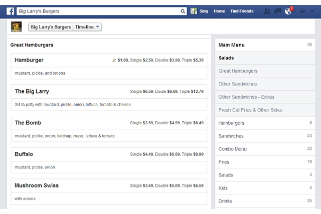 Facebook permette ai ristoranti di pubblicare il menu sulla pagina