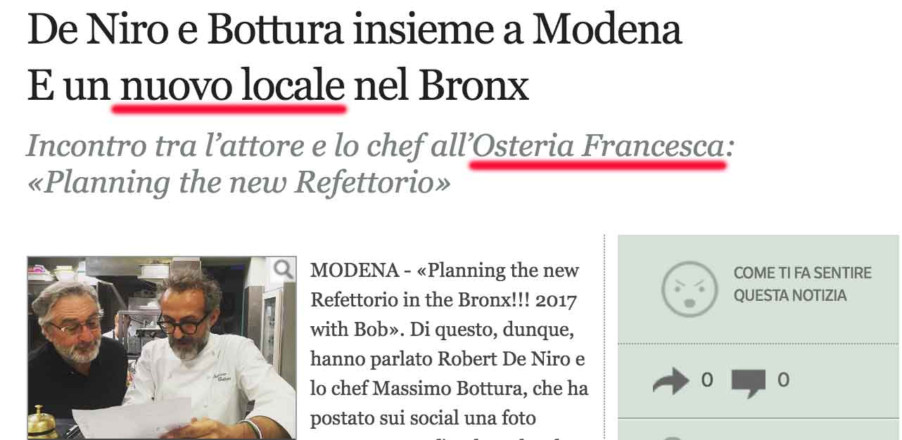 Corriere: non è Francesca e il Refettorio non è (solo) un ristorante di Massimo Bottura nel Bronx