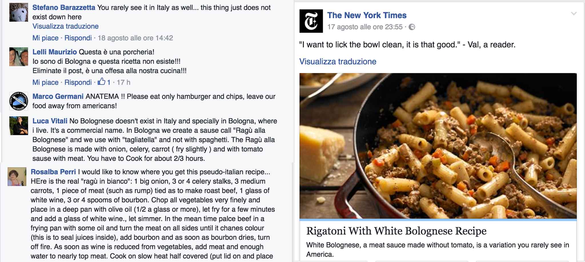 Rigatoni With White Bolognese, la ricetta del New York Times che fa indignare Facebook