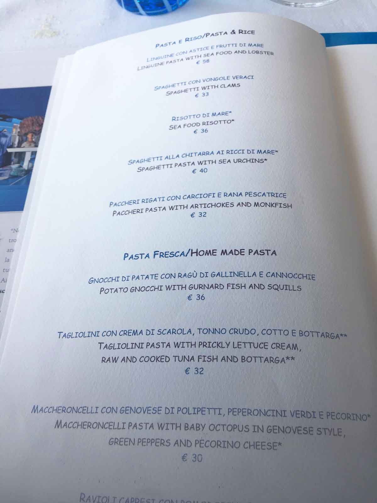 Riccio ristorante Capri menu prezzi