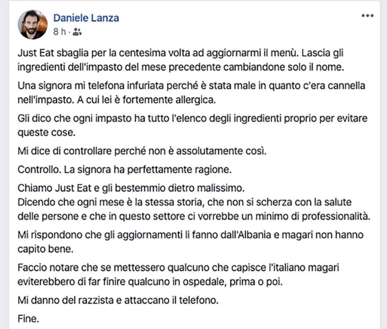 Just Eat risponde sulla questione pizza sbagliata e razzismo