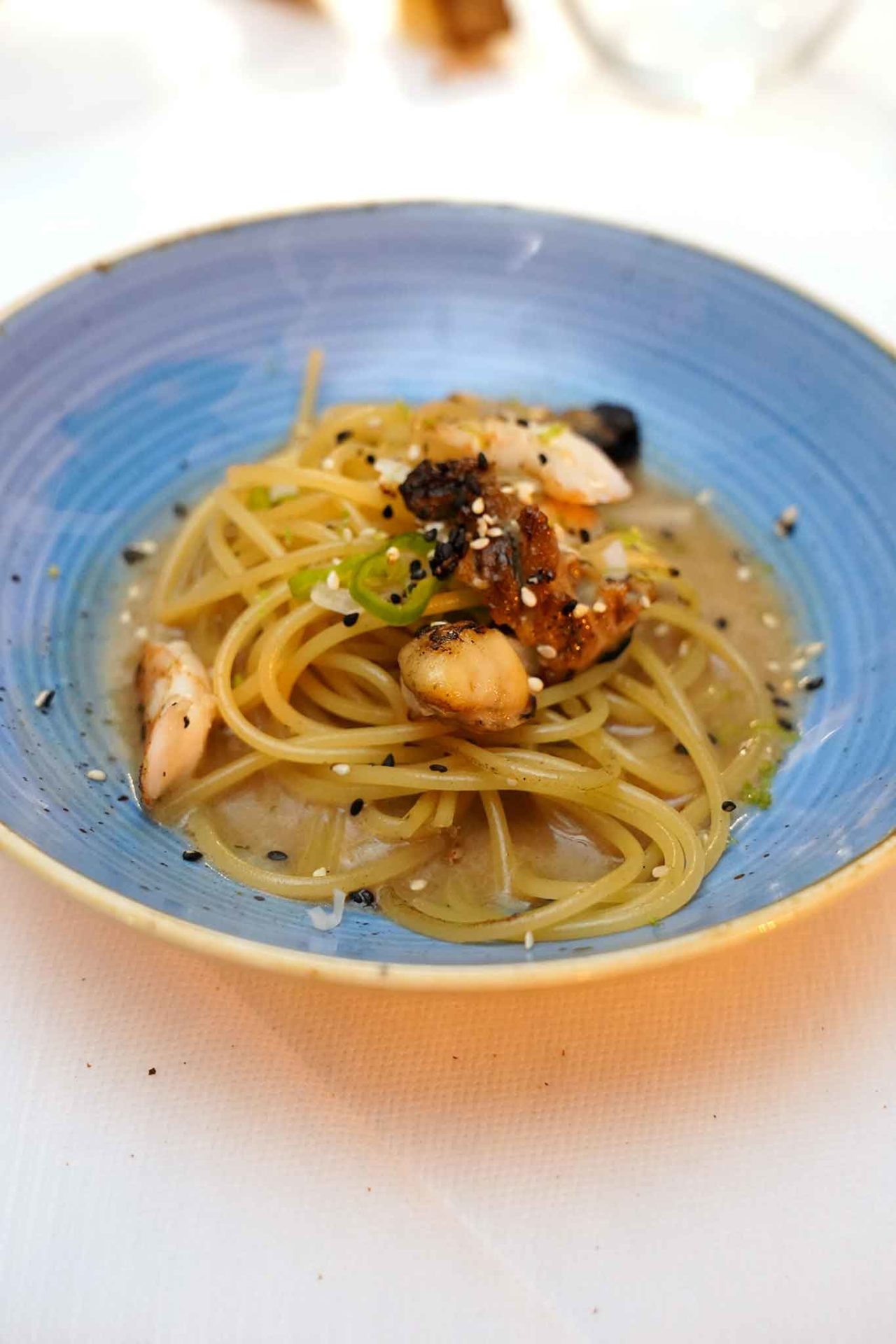 ramen aglio olio peperoncino ostriche alla brace mazzancolle Antonio Iacoviello