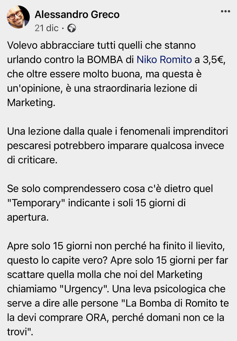 Bomba Niko Romito marketing