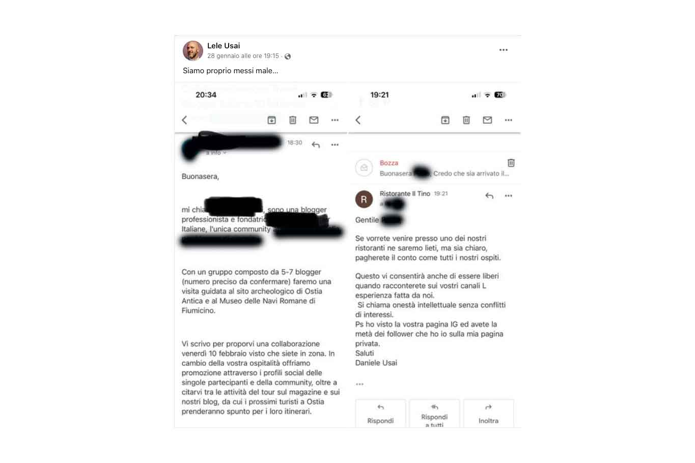 Daniele Usai e l’influencer. No dello chef al pranzo gratis per 7