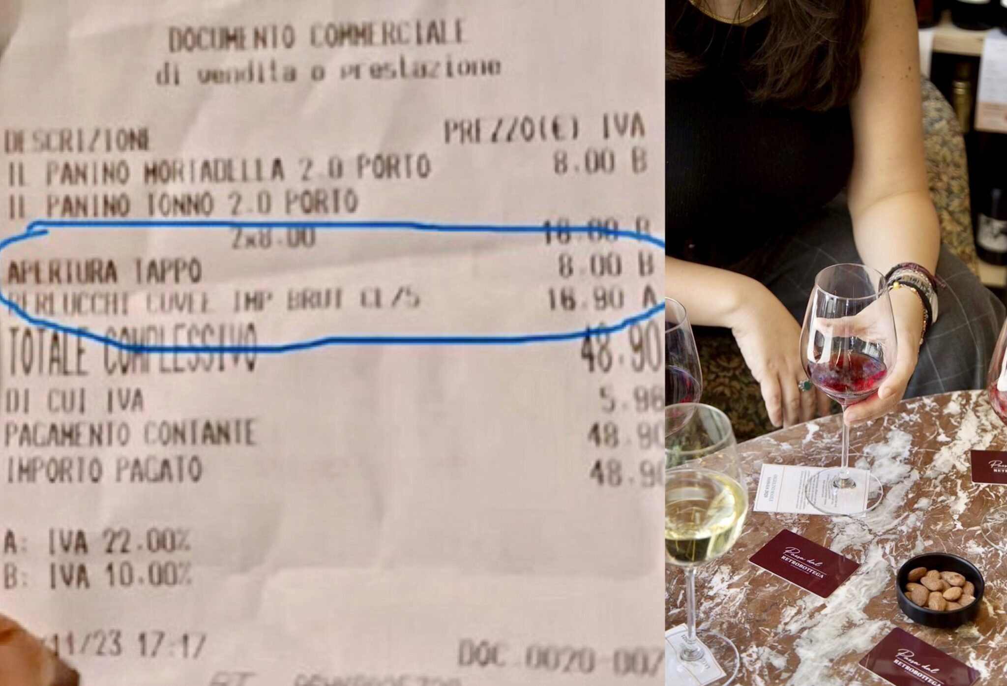 Palermo: apertura tappo 8 €. Cioè, 8 € per aprire uno spumante?