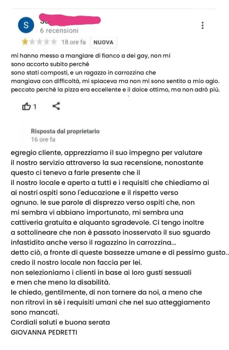 recensione e risposta della pizzeria sul caso gay e disabile