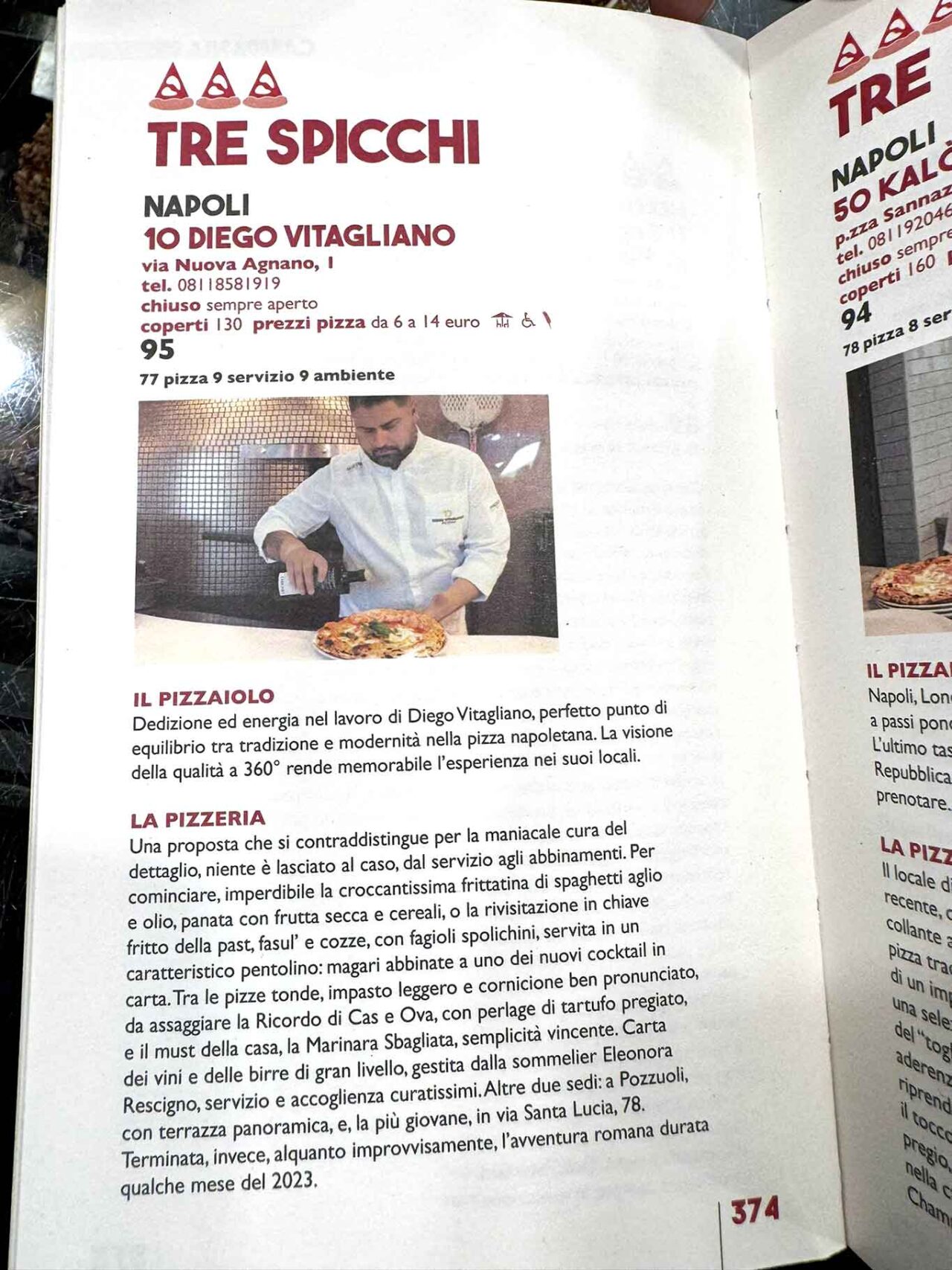 tre spicchi a Diego Vitagliano nella scheda della Guida Pizzeria Gambero Rosso 2025