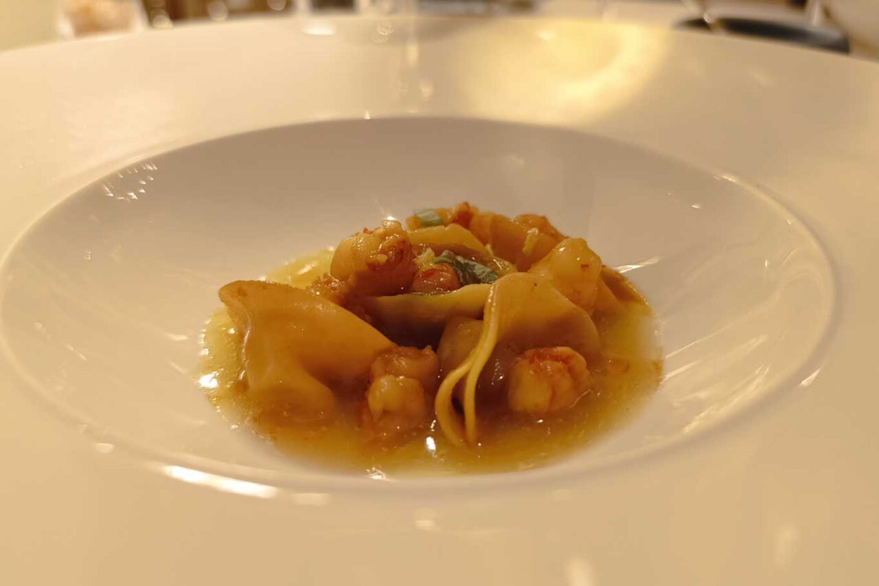 Cappellacci patate e gambero rosso ristorante Gli Affreschi