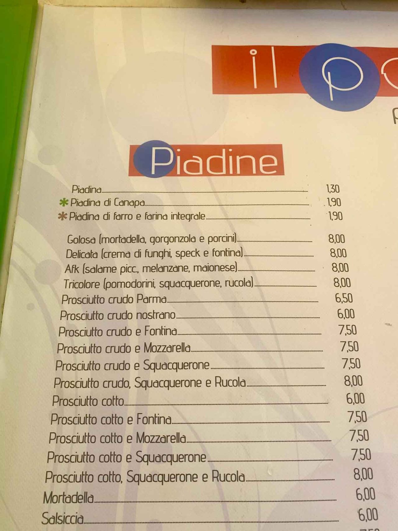 i prezzi delle piadine della piadineria Il Posticino a Cesena 